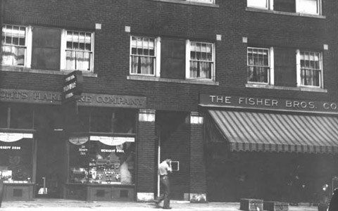 Black and white historic storefront on Coventry Road