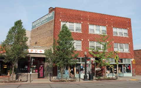 The brick Heights Hardware building on Coventry Road today