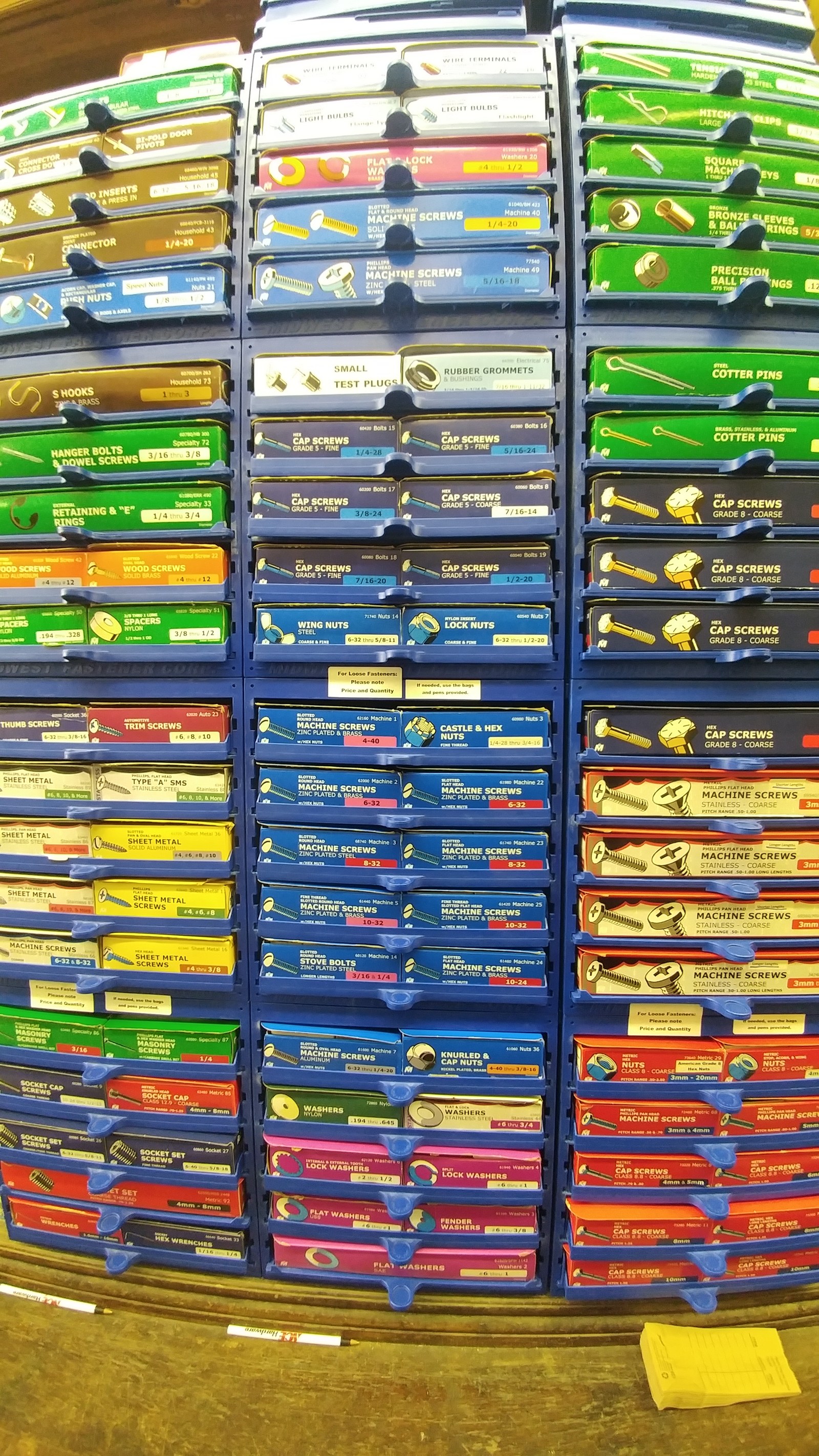 Wall of fastener drawers - nuts, bolts, screws and washers - inside Heights Hardware